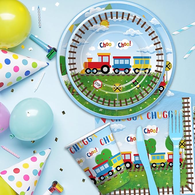 Train Birthday Plates And Napkins Party Supplies Dinnerware, Train Birthday Decorations, Plate, Cup, Napkin, Fork, Train Theme Chugga Choo Party Supplies For 1st 2nd 3rd Birthday | 24 Guests