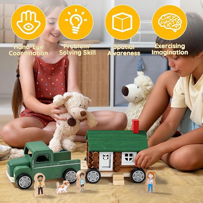 SainSmart Jr. Wooden Truck Building Playset for Kids, Vintage Camper RV Compatible with Lincoln Logs, STEM Educational Toy, Perfect Retro Gift for Ages 3+