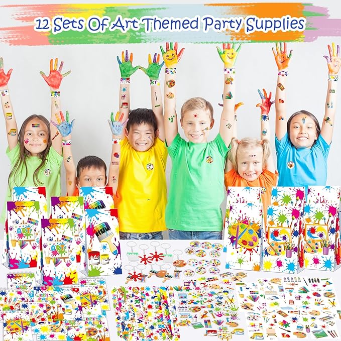 121PCS Art Party Favors Set, Paint Party Favors for Kids, 49 Stickers, 12 Tattoo Stickers, 12 Button Badges, 12 Mini Notepads, 12 Slap Bracelets, 12 Keychains, 12 Goodie Bags for Boys Girls Painting