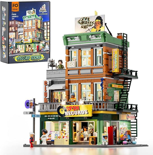 FUNWHOLE Record Store Lighting Building Bricks Set - Street Fusion City Town Audio Shop Multi-Form Modular Collection Kit 1980 Pcs for Adults & Teen & Music Lovers