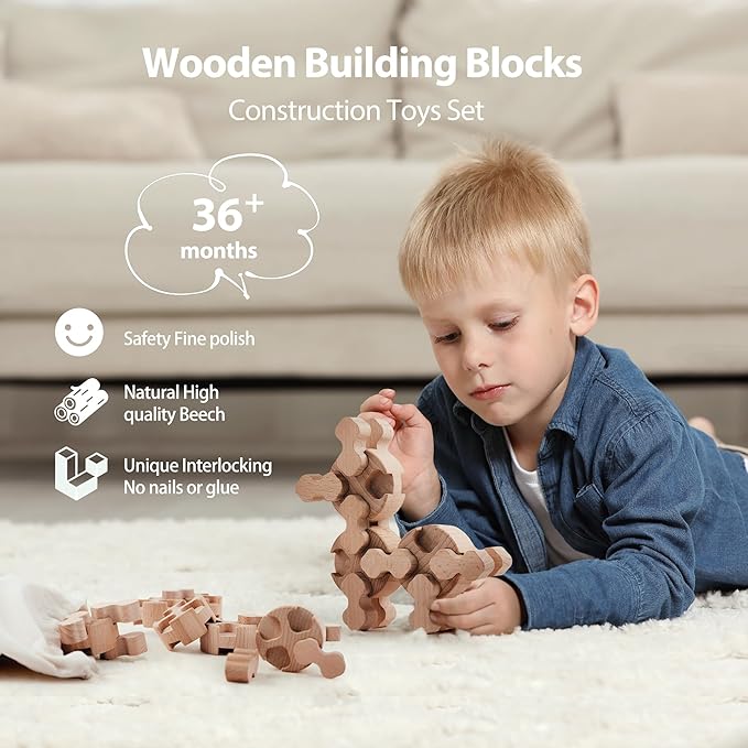 Wooden Blocks, Building Blocks for Toddlers 1-3 Building Toys Montessori Toys Sensory Toys Learning Toys STEM Toys Stacking Toys for Children with Parent-Child Interactive Cards & Storage Bag Ages 3+