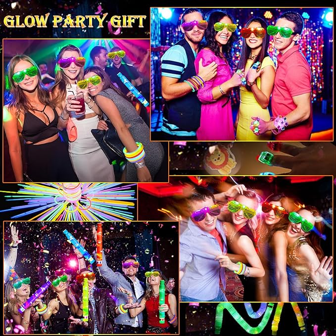 105Pcs Glow in the Dark Party Supplies, Neon Party Favors Rings Glasses Glow Bracelet Headband Finger Lights Glow Stick Light Up Tube Wedding Concert Bash Birthday Graduation Glow Party