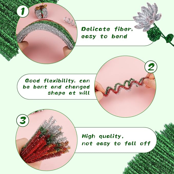 ZXIIXZ Pipe Cleaners, 100Pcs Glitter Pipe Cleaners Crafts, Creative Pipe Cleaners Craft DIY Supplies for DIY Festival Home Decorations Craft/Glitter Green