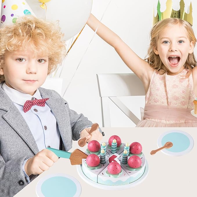 Wooden Birthday Party Cake Toys,Pretend Play Food for Toddlers 1-3, Birthday Cutting Cake Toy with Candles and Numbers, Montessori Tea Party Learning Kitchen Toys for Boys Girls