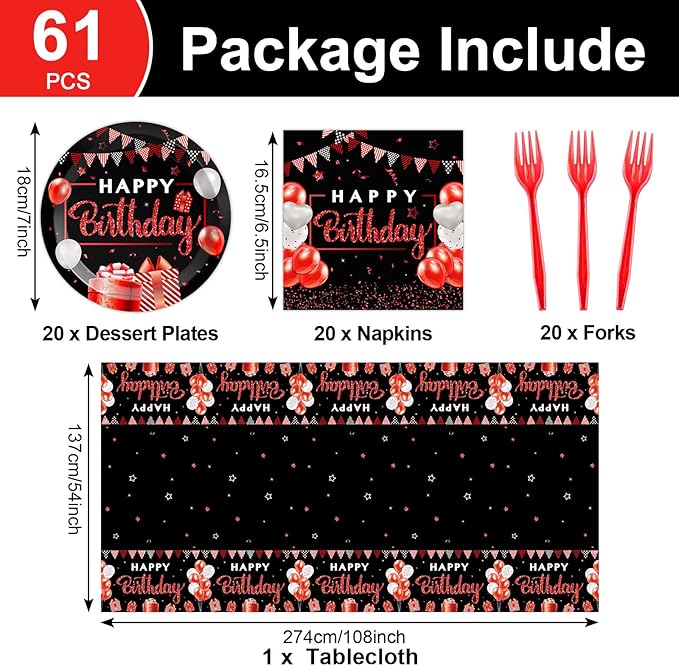 Red and Black Birthday Party Supplies Confetti Sprinkles Happy Birthday Party Tableware Includes Party Plates Napkins Fork and Red and Black Tablecloth for Birthday Parties Decorations Set Serve 20