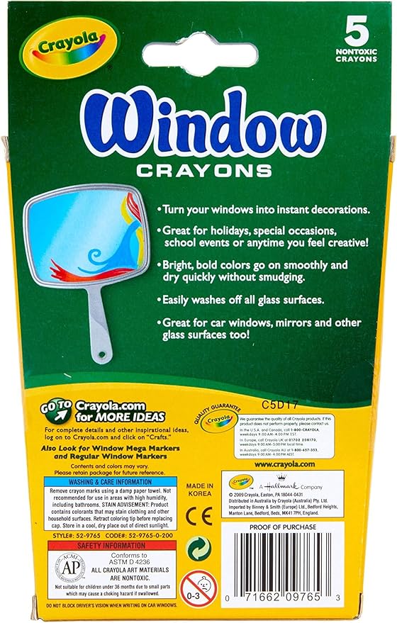 Crayola Washable Window Crayons, Glass and Window Art Supplies, Assorted Colors, 5 Count, Gift for Boys & Girls