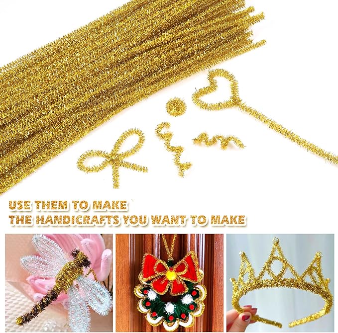 TOAOB 100pcs Christmas Glitter Pipe Cleaners Gold Metallic Pipe Cleaners Craft Supplies 6mm x 12 Inch Chenille Stems Pipe Cleaners for Art DIY Crafts Decorations