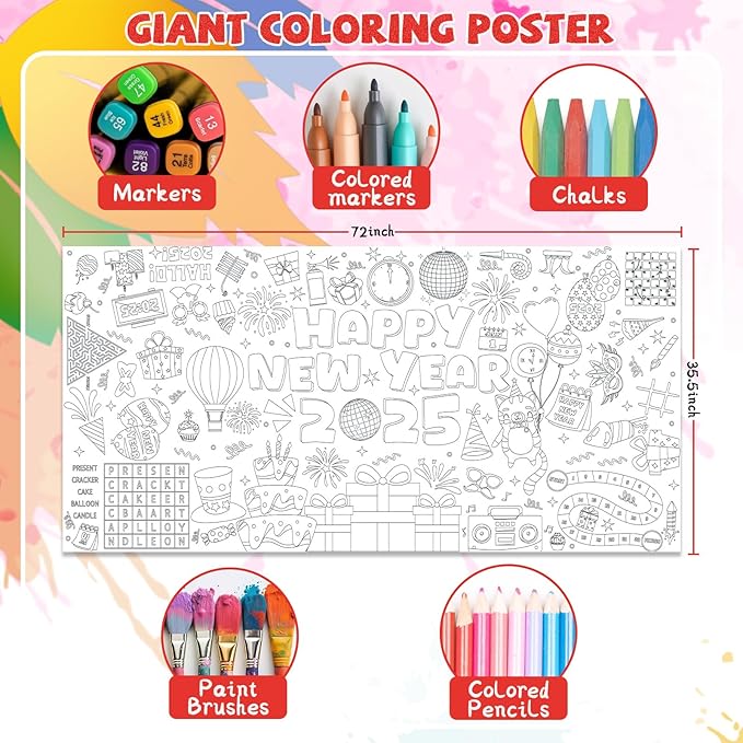 YQUQWN Giant Happy New Year 2025 Coloring Poster - 35.5×72 Inch Disco Ball Poster Tablecloth - Happy New Years Eve Crafts Party Favors - 2025 New Year Kids Activities Party Decoration Supplies