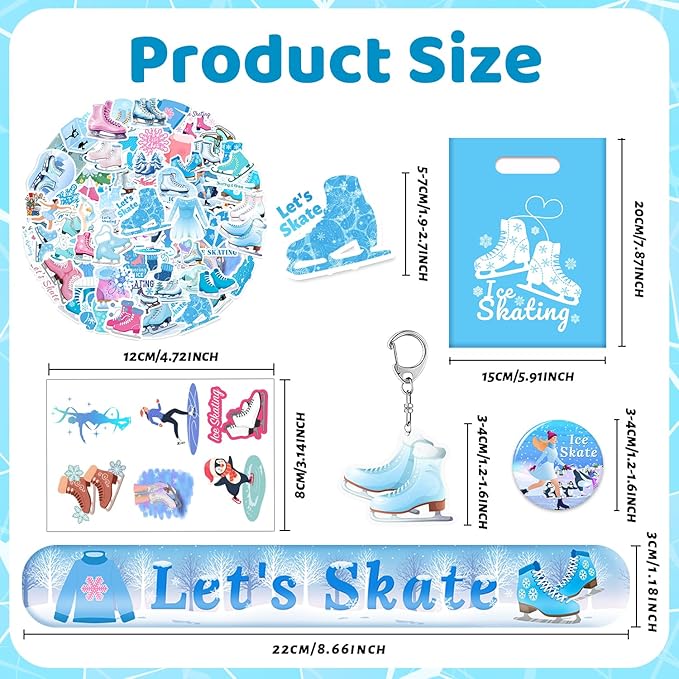 110 PCS Ice Skating Skate Party Favors, Winter Ice Skating Skate Stickers Temporary Tattoos Slap Bracelets Keychains Badges Gift Bags Ice Skating Birthday Party Decorations Supplies for Kids