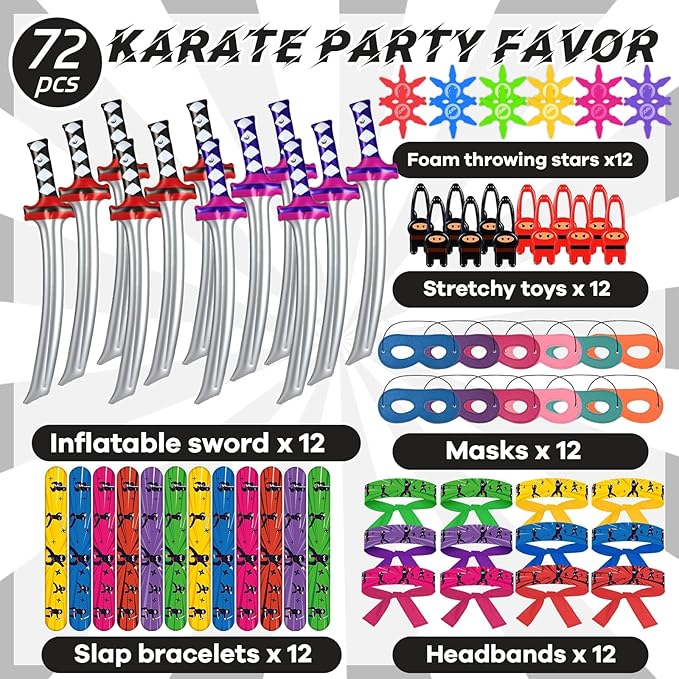 ZOIIWA 72Pcs Karate Party Favors Include Inflatable Sword Headbands Colorful Karate Party Decorations Karate Slap Bracelets Eye Mask Costume Accessories Gift Set for Kids Boys Girls Birthday Supplies