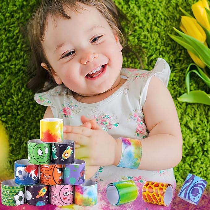 Shindel 96PCS Slap Bracelets Bulk, Kids Slap Wristbands Snap Bracelets Tie Dye Dinosaurs Mermaid Emotions for Party Favors Classroom Prizes Kids Birthday