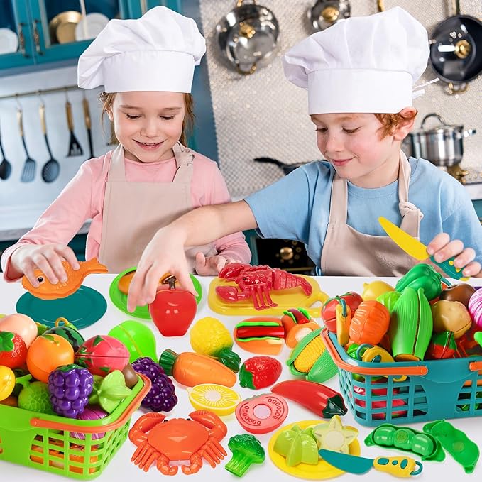 Play Food Set for Kids Kitchen- 100 Pcs Kitchen Food Toy for Toddlers, Cutting Fake Food/ Fruit/ Vegetable Accessories with Three Baskets, Birthday Gift for 3 4 5 Years Old Boy Girl