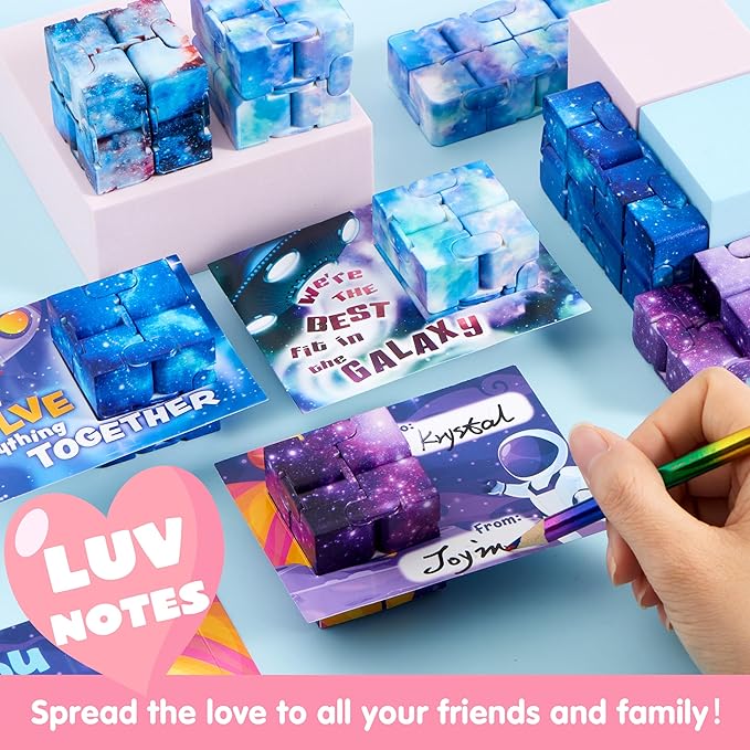 JOYIN 28 Packs Valentine’s Day Gift Cards with Infinity Magic Toys, Cosmic Hand-Held Flip, Stress Relief Fidget Toys for Kids Valentine's Party Favors, Classroom Exchange and Goodie Bag Stuffers