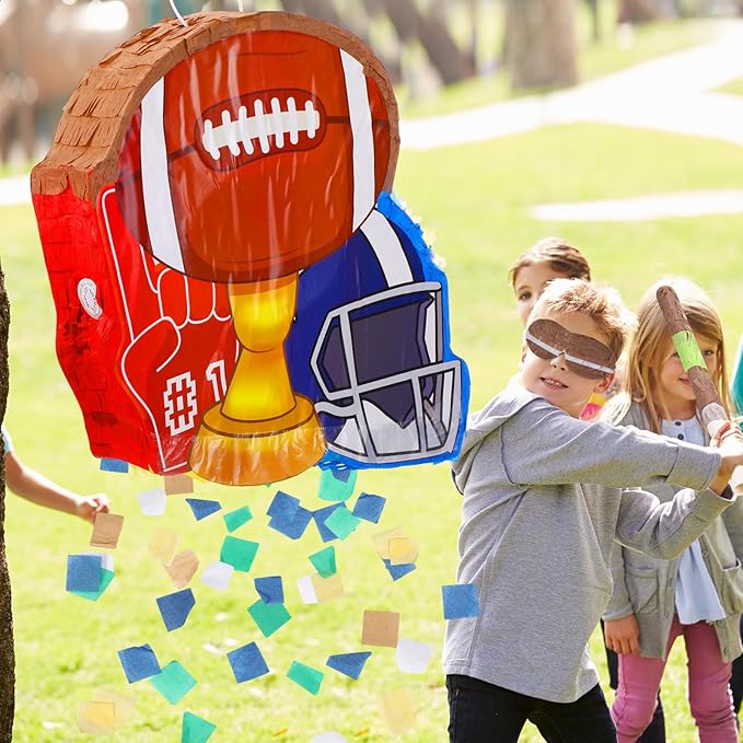 162 Pcs Football Piñata Football Party Favors with Blindfold Confetti Bat Stress Balls Keychains Wristbands Whistles Eraser Slap Bracelet Stickers Sports Piñata Birthday Party Decorations