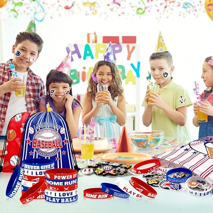 110 Pcs Baseball Party Favors Drawstring Bags with Keychains Silicone Bracelets Stickers Baseball Goodie Bags Gift Bags for Sports Birthday Party Supplies Baseball Themed