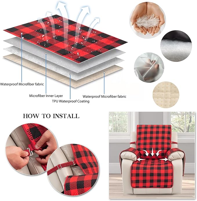 TOMORO Non-Slip Quilted Recliner Cover, 100% Waterproof Recliner Chair Slipcover Furniture Protector with Pockets, Washable Couch Cover with Elastic Straps for Kids and Pets,23 Inch