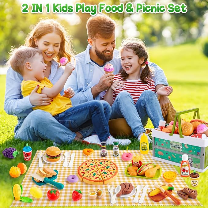 78Pc Pretend Play Food for Kids Kitchen, Cutting Toy Food with Storage Basket, Play Kitchen Accessories, Food Toys with Veggies, Fruits, Fake Food with Pizza Toy, Pretend Food, Boys Girls Gift