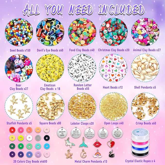 Wakestar Clay Beads Bracelet Making Kit,Flat Round 6mm Clay Beads for Jewelry Making with Pendant Charms Kit,Art Crafts Gift Sets for Girls Ages 3 4 5 6 7 8 9 10 11 12