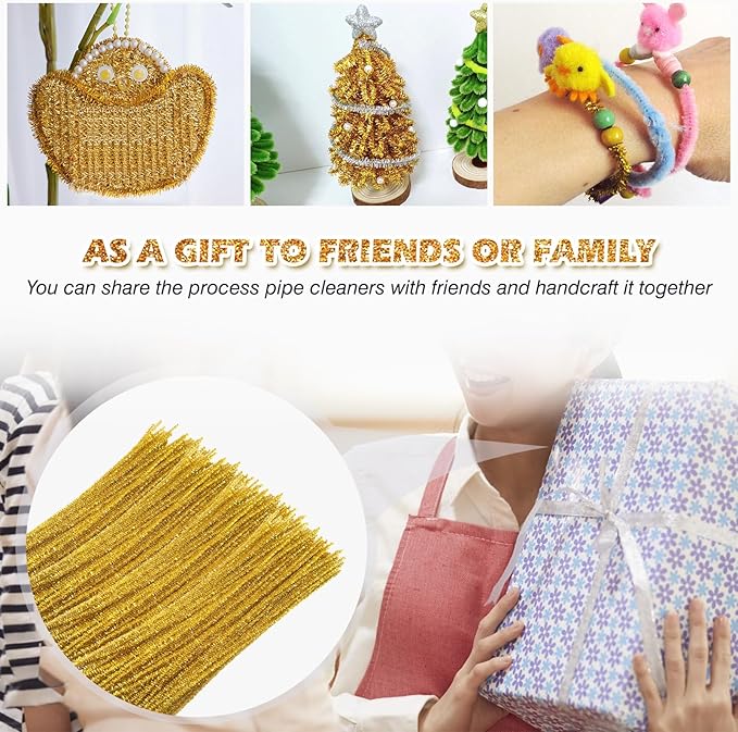 TOAOB 100pcs Christmas Glitter Pipe Cleaners Gold Metallic Pipe Cleaners Craft Supplies 6mm x 12 Inch Chenille Stems Pipe Cleaners for Art DIY Crafts Decorations