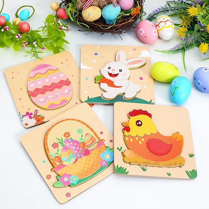 Easter Wooden Puzzles for Toddler - 4 Pack Basket Stuffers Fillers Puzzle Toys for Boys Girls, Jigsaw Learning Educational Gifts Party Favors for Kids