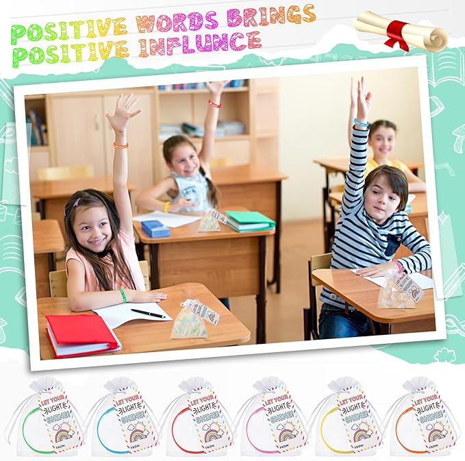 Liliful 72 Pcs Motivational Wristbands Gifts Set for Students, Back to School Gifts Colored Inspirational Silicone Bracelets with Inspirational Cards Organza Bags Classroom Goodie Bag Fillers