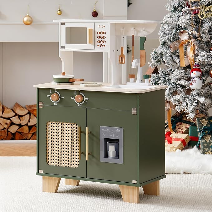 ROBOTIME Play Kitchen with Pretend Ice Cube Dispenser for Toddler, Wooden Kids Kitchen Play Set, Toy Kitchen Set for Kids Age 3 4 5 6 7 (Vintage Green)