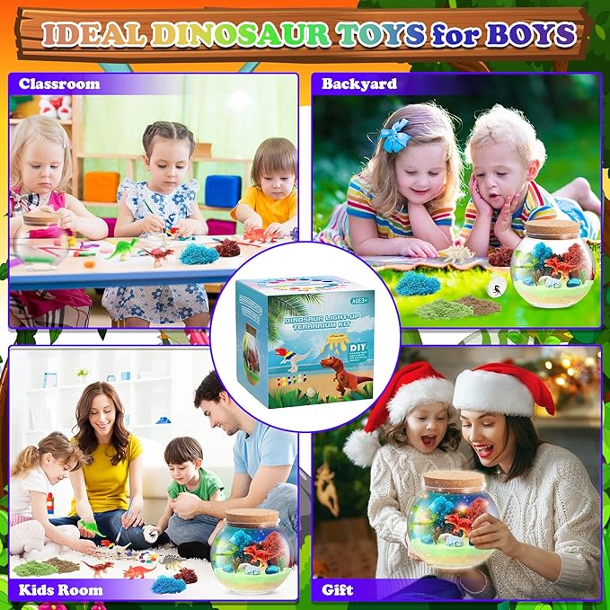 THINKKIE Dinosaur Light-Up Terrarium Kit for Kids- Christmas Birthday Gift for Boys Ages 4 5 6 7 8-12 Year Old- Dinosaur Painting Crafts Kits - Dinosaur Arts and Crafts for Kids