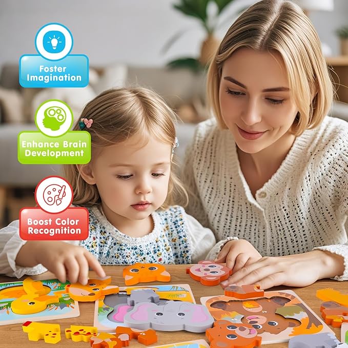 Wooden Puzzle for Toddler 1-3, 9 Pcs Toddler Puzzle Ages 2-4, Baby Animal Puzzle for Toddler, Montessori Puzzles Toys for 1 2 3 Year Old Boy Girl, Learning Educational Puzzle Toy(9 Pcs)