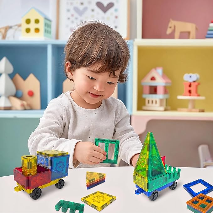 Official Disney Junior Mickey Train Magnetic Tile Set – 41-Piece STEM Building Kit with Wheeled Base Cars, Reusable Stickers & Learning Workbook – Educational Toy for Kids Ages 3+