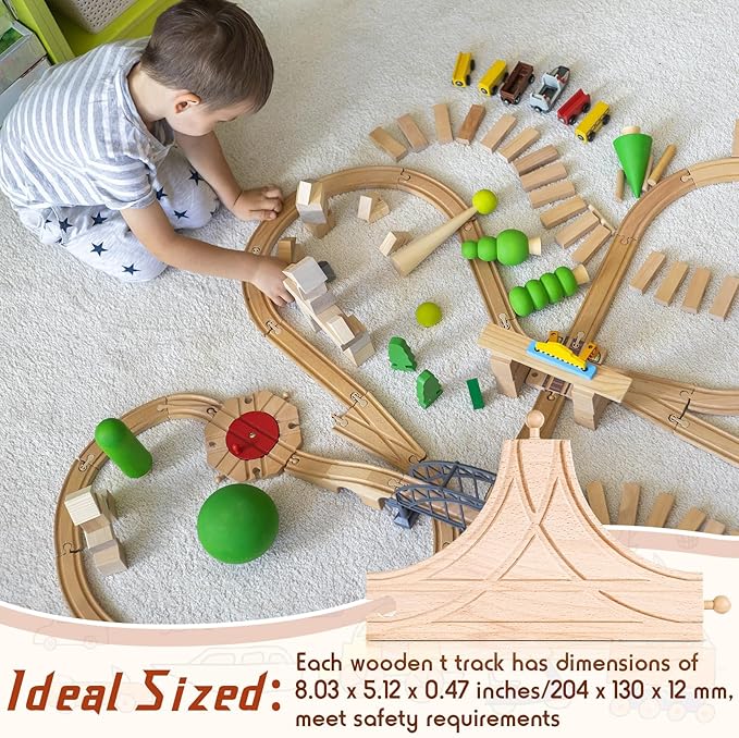 2 Pieces Wooden T Train Track Accessories for Toy Train Wood Track Bridges and Tunnels Multi Way Switch Expansion Compatible with Most Railroad Set