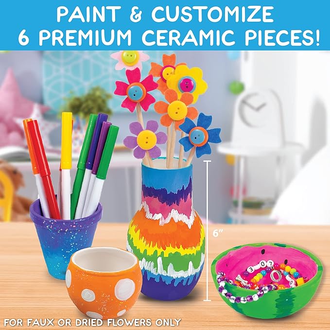 Made By Me Paint Your Own Ceramic Pottery, Fun Ceramic Painting Kit for Kids, Paint Your Own Ceramic Pottery Dish, Flower Pot, Vase & Bowl, Great Staycation Activity for Kids Ages 6, 7, 8, 9, Multi