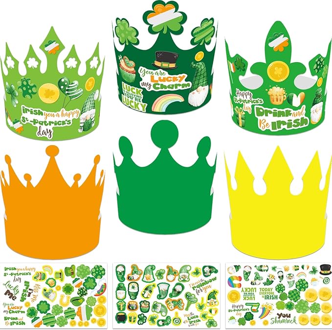 WorldBazaar St. Patrick's Day Crown Hat Craft for Kids 24 Pack Lucky Shamrock Clover Paper Hat with Stickers Green Irish Classroom Family Party Favors Supplies
