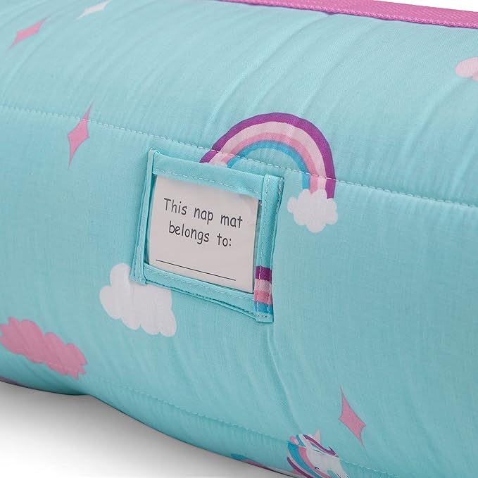 Delta Children Nap Mat - Includes Pillow & Blanket for Toddlers and Kids; Features Carry Handle w/Strap Closure and Name Tag; Rollup Design is Ideal for Preschool and Daycare; Personalization Optional