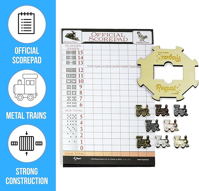 Regal Games Mexican Train Domino Expansion Set - 8 Metal Marker Trains with Unique Finishes - Replacement Wooden Hub - Scoresheet