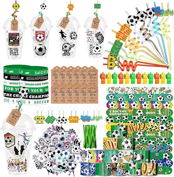 Soccer Party Favors 184 Pcs Soccer Birthday Party Decoration With Cups Straws Slap Bracelets Whistles Wristbands Keychains Stickers Thank you Tags for Sports Party Supplies (Soccer)