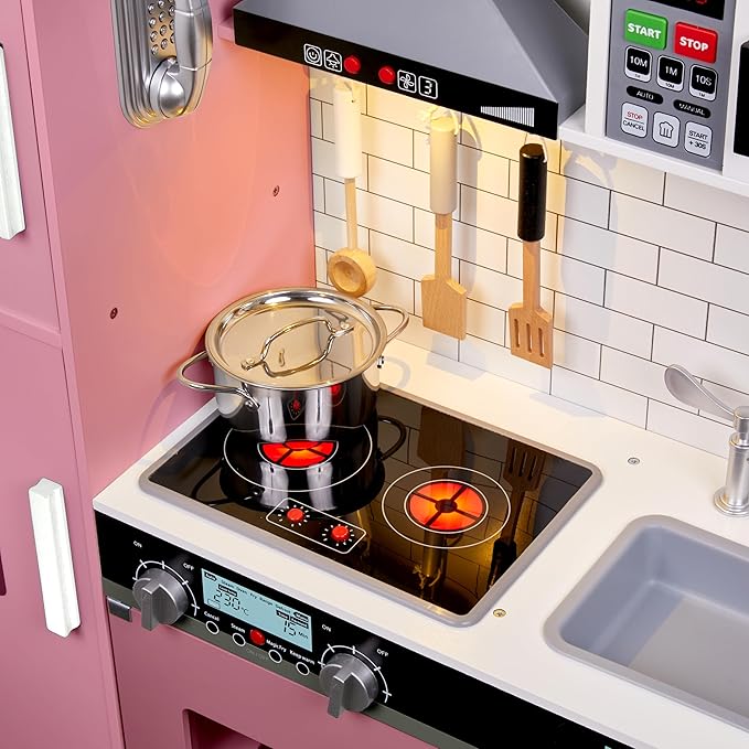 Lil’ Jumbl Kids Pink Kitchen Set, Pretend Wooden Play Kitchen, Battery Operated Icemaker, Microwave, Range Hood, Stove Top, Oven, with Realistic Sound & Lights, Pots, Pan, & Utensils Included