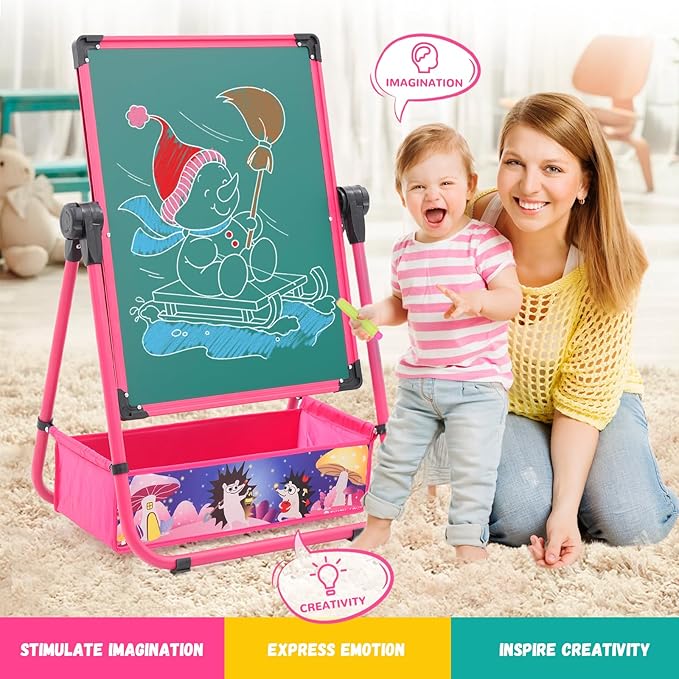 29.5inch-44inch Height Adjustable Whiteboard&Chalkboard Double Sided Easel 360°Rotating Standing Art Easel for Kids Suitable for Children Over 3 Years Old