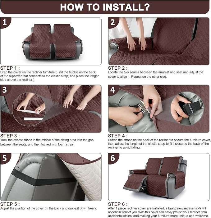 TAOCOCO Loveseat Recliner Cover Non-Slip Sofa Slipcover, Pet Cover for Loveseat Recliner with Elastic Straps, Washable Reclining Loveseat Cover Recliner Furniture Protector (2 Seater, Coffee)