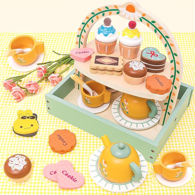 Wooden Tea Party Set for Little Girls Toddler Tea Set Toys with Cupcake Stand & Play Food Kitchen Accessories, Wooden Pretend Play Toys for Toddlers Christmas Birthday Gift for 3 4 5 6 Years Old Girl