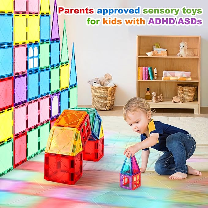 100PCS Magnetic Tiles Kids Toys - Magnetic Building Blocks STEM Magnet Building Set Preschool Learning Magnetic Toys for Kids Ages 3-5 4-8, Sensory Montessori Toys for 3+ Year Old Boys and Girls
