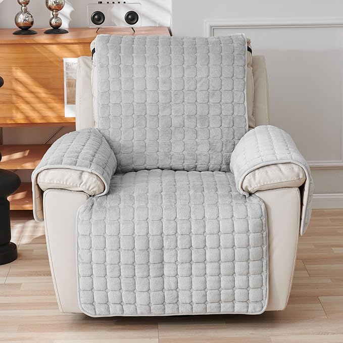Quilted Recliner Chair Covers, Plush Non Slip Chair Slipcover Soft Washable Couch Cover Furniture Protector with Elastic Straps and Pocket for Kids, Dogs, Pets (Grey, 1 Seater)