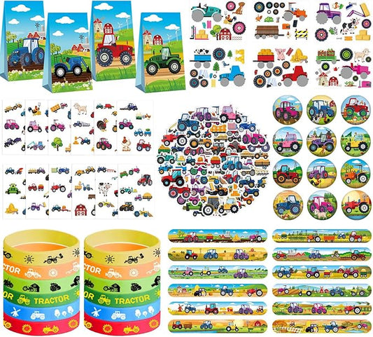 Tractor Party Favors - Farm Tractor Theme Birthday Party Supplies Decorations, Gift Bags, Slap Bracelets, Rubber Bracelets, Tattoo Stickers, Button Pin, DIY Stickers for Boys Girls Kids Party Favor