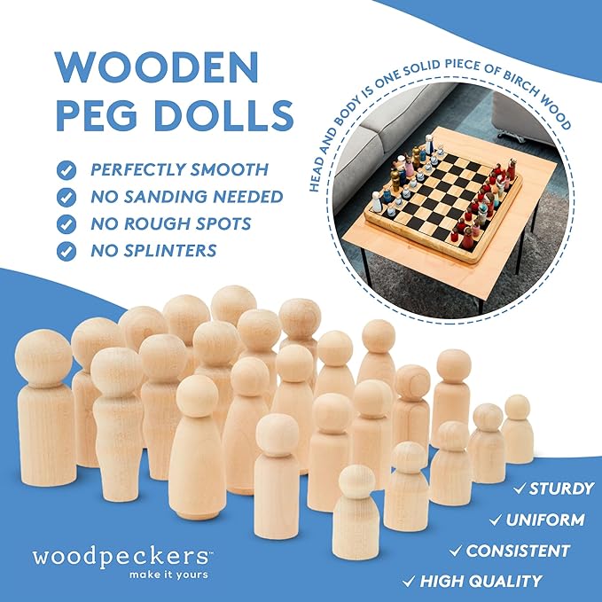Wooden Peg Dolls 3-½", 250 Mom & 250 Dad Set, Unfinished Birch Wooden Figures for People Crafts, Kids, & Wedding Cake Toppers, by Woodpeckers
