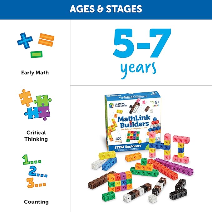 Learning Resources STEM Explorers MathLink Builders - 100 Pieces, Ages 5+, Kindergarten STEM Activities, Math Activity Set and Games for Kids, Linking Cubes, Connecting Cubes