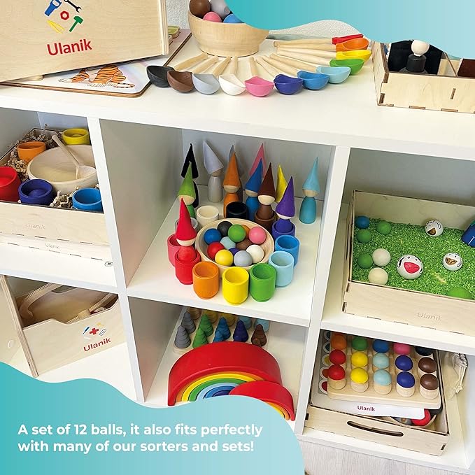 Ulanik Small Wooden Balls for Sorters Toddler Montessori Toys for 1 Year Old + Kids Preschool Wooden Matching Games for Learning Color Sorting and Counting