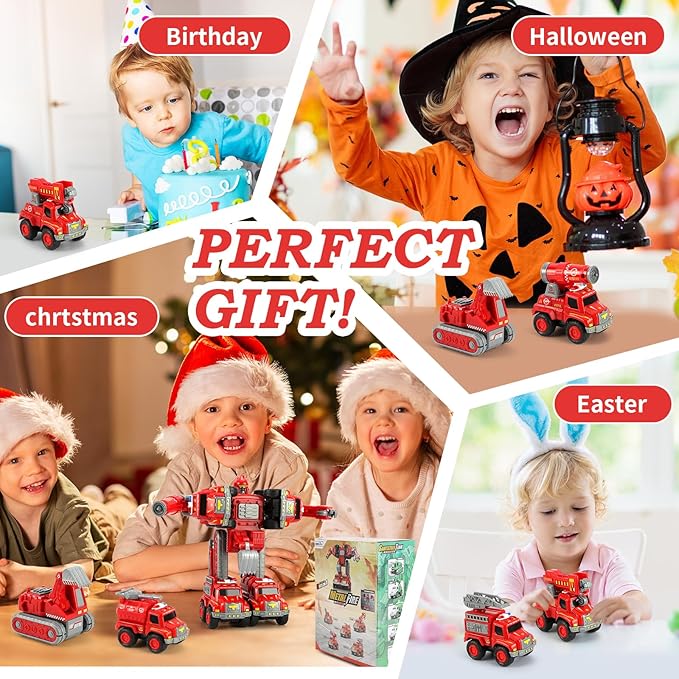 Toys for 3 4 5 6 Year Old Boys– 5-in-1 Detachable Construction Vehicles Set–Transform Robot Kids Toys Cars– Easy DIY Toys for Ages 5+ – Gifts for Boys Girls Birthday Christmas Easter