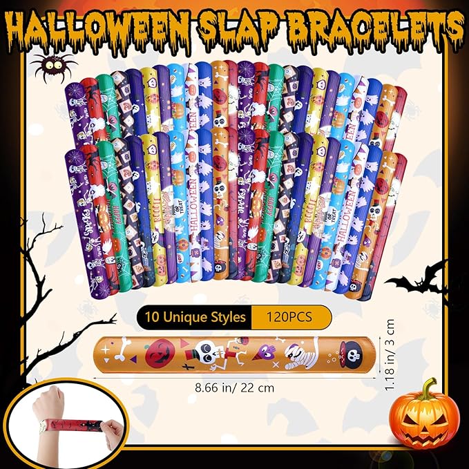 Wettarn 240 Pcs Halloween Party Favors Halloween Slap Bracelets for Kids Rubber Wristbands Bulk Silicone Bracelets Assorted Halloween Party Supplies for Boys Girls Prize Gifts Treat Filler (Halloween)