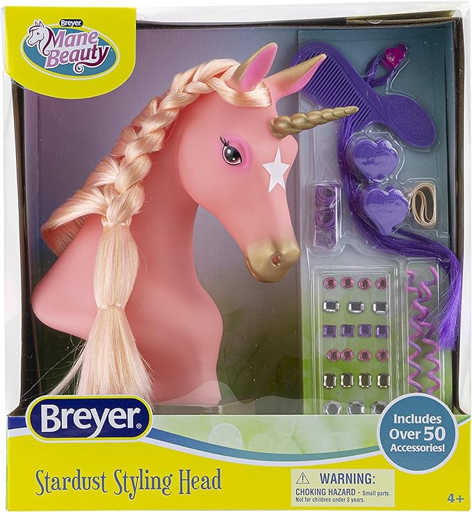 Breyer Horses Beauty Styling Head | Stardust | Pink Extra-Long Silky No Tangle Mane | 10" x 4.25" x 4.25" | Styling Book, Brush, Hair Coils, Clips, Elastics | Unicorn Toy | Model #7405