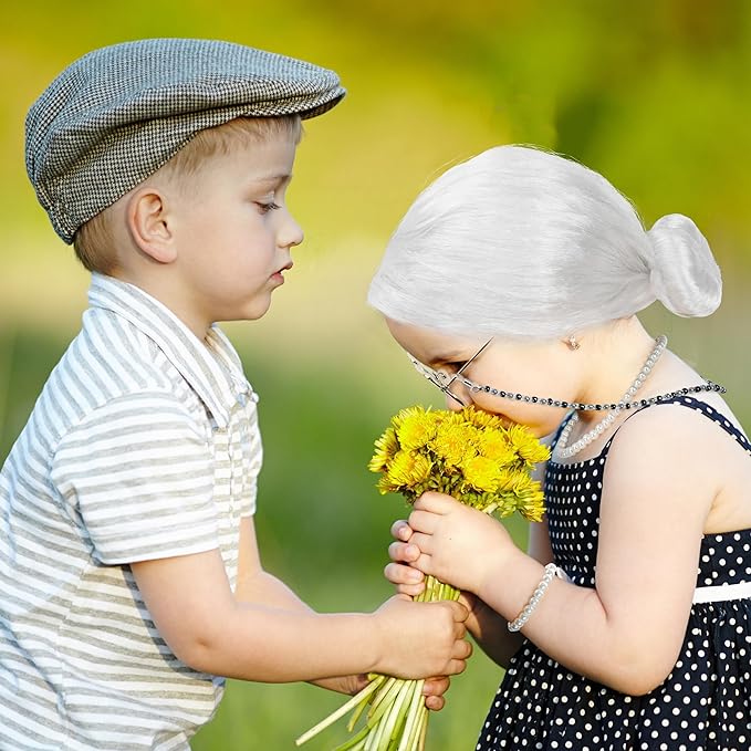 100th Day of School Costume, Old Lady Cosplay White Bun Wig Glasses Wig Cap Pearl Necklace Bracelet Props for Kids Girls