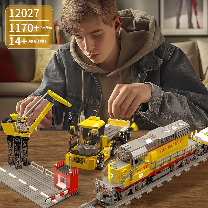 Mould King 12027 Diesel Locomotive Train Building Sets with a Semi-Trailers, Cranes, Remote/App Control Engineering Toy Kit, Scale Model with Trains Tracks for Adults Kids (1170 Pieces)